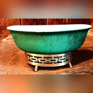 Maddux of California MCM green & gold splatter planter w/ gold stand.